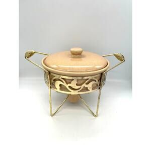 Vintage Pink Speckled Bauer Casserole Dish with Stand and Candle Warmer